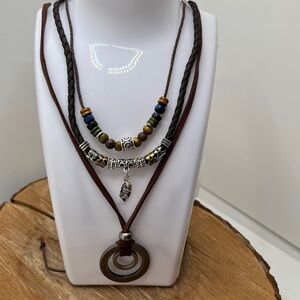 Brown and Silver Beaded Cord Necklace with Leaf Pendant w/Long Corded Pendant